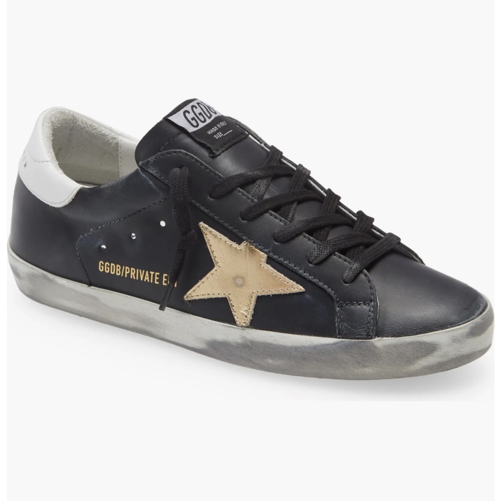 Golden Goose Superstar Low Top Black Leather Sneaker Gold Metallic Star size 38